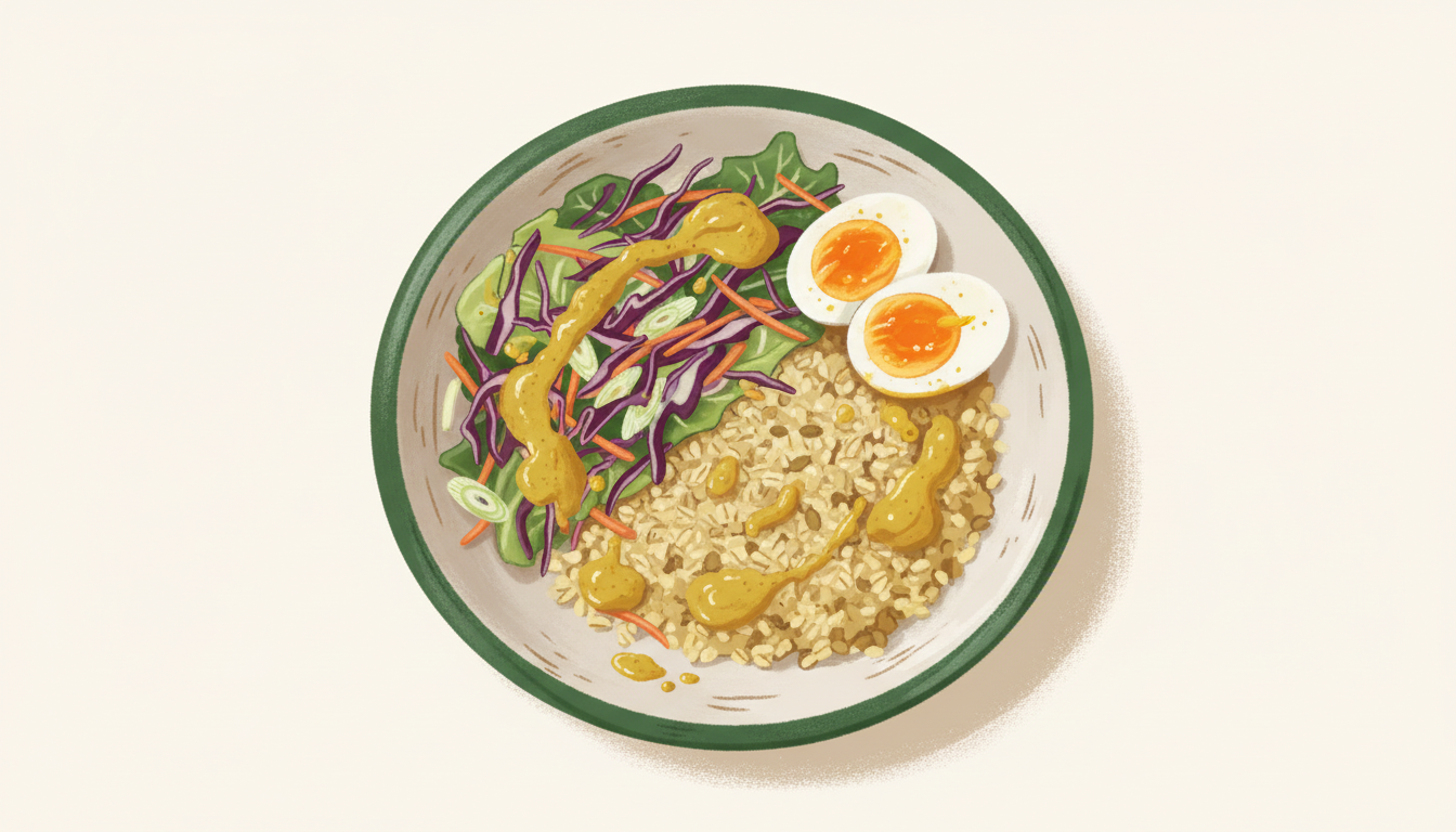 Illustration af bulgurskål med kålsalat, æg og karrydressing
