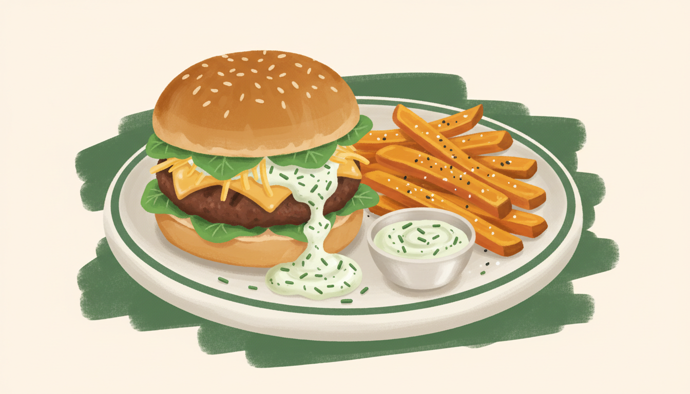 Illustration af cheeseburgere med ranchdressing og søde kartofler