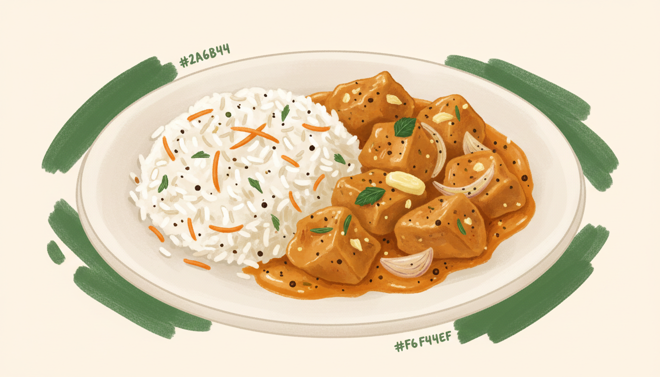 Illustration af cremet butter chicken med basmatiris