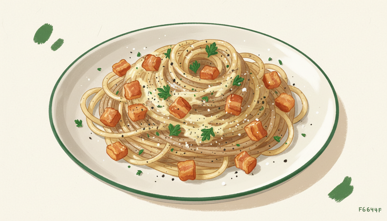 Illustration af fuldkornspasta carbonara med sprød pancetta