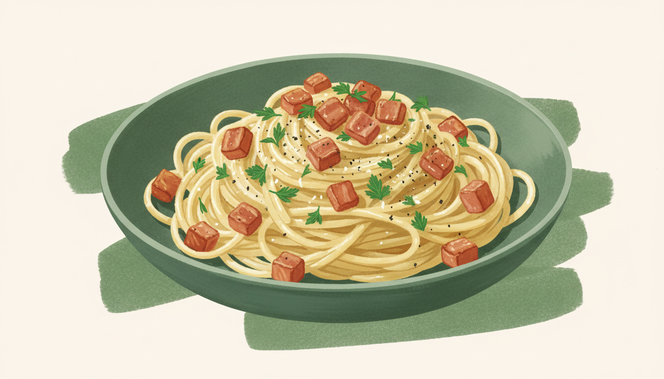 Illustration af hverdags-carbonara med sprød bacon og persille