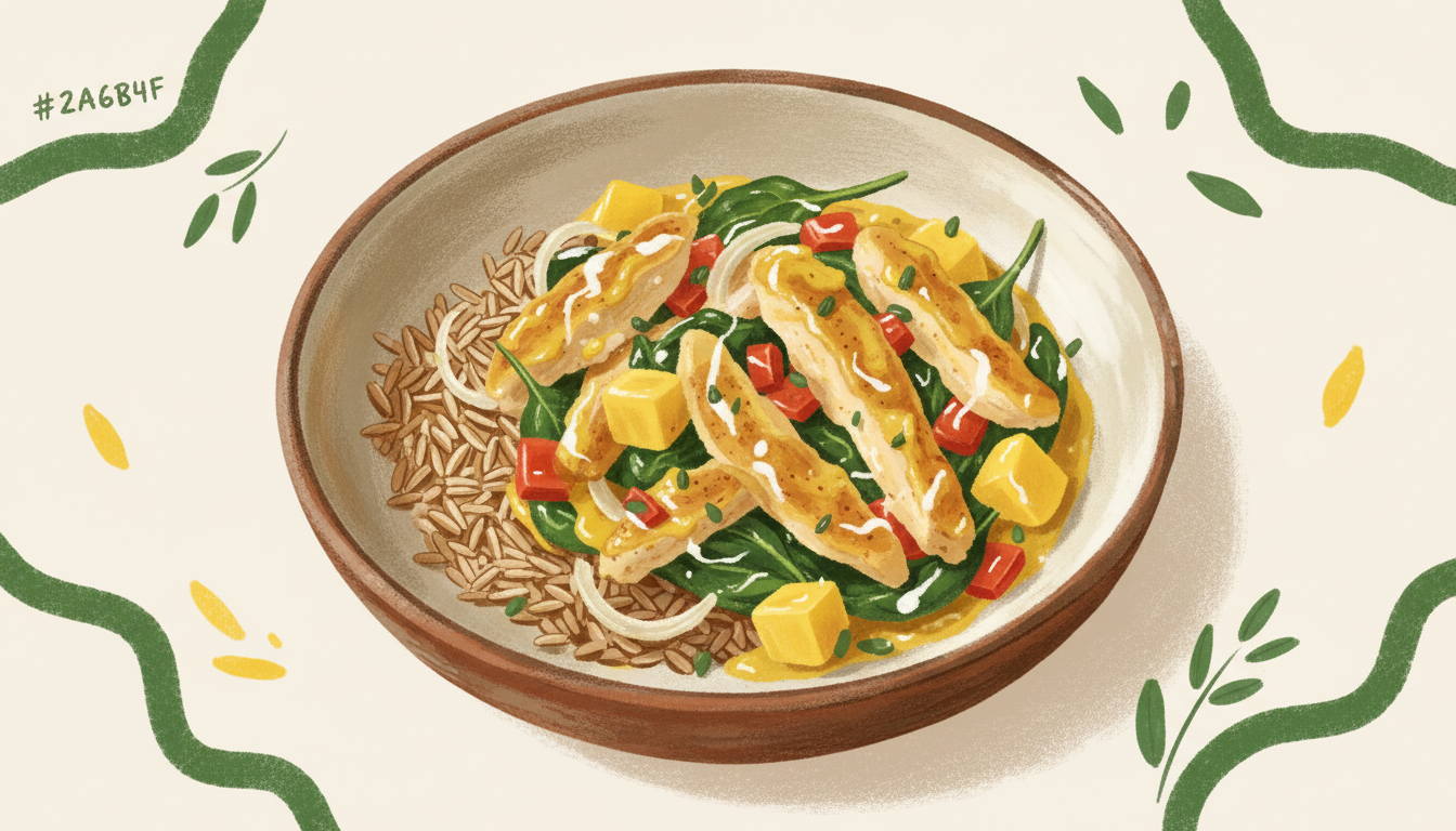 Illustration af karrypande med kylling, spinat og mango
