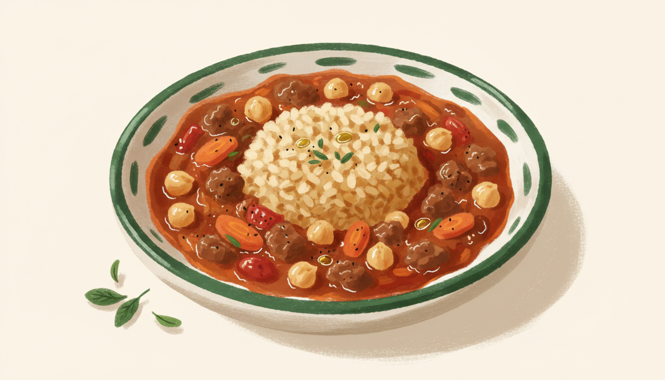 Illustration af krydret oksegryde med kikærter og bulgur