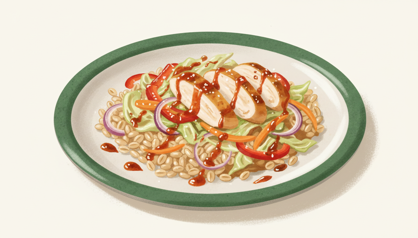Illustration af kyllingepande med kål, hvedekerner og sød chili