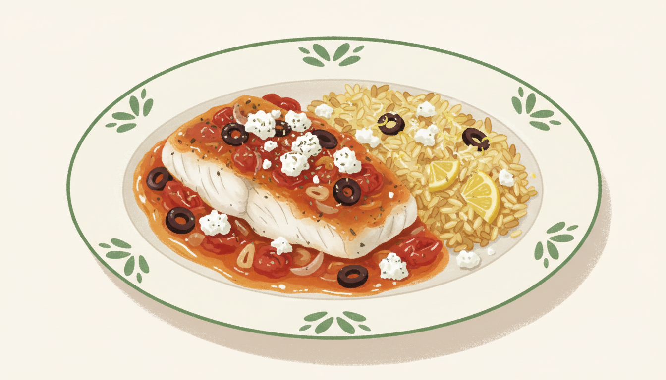 Illustration af ovnbagt hvid fisk i tomatsauce med feta og citronris