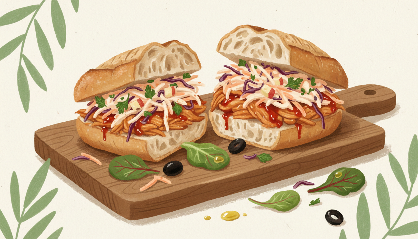 Illustration af sandwich med pulled chicken og sød chili-coleslaw