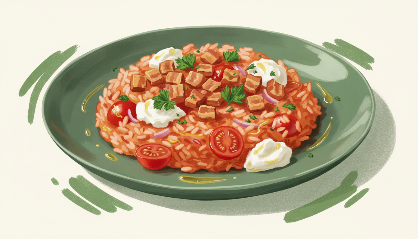 Illustration af tomatrisotto med sprødstegt bacon og friskost